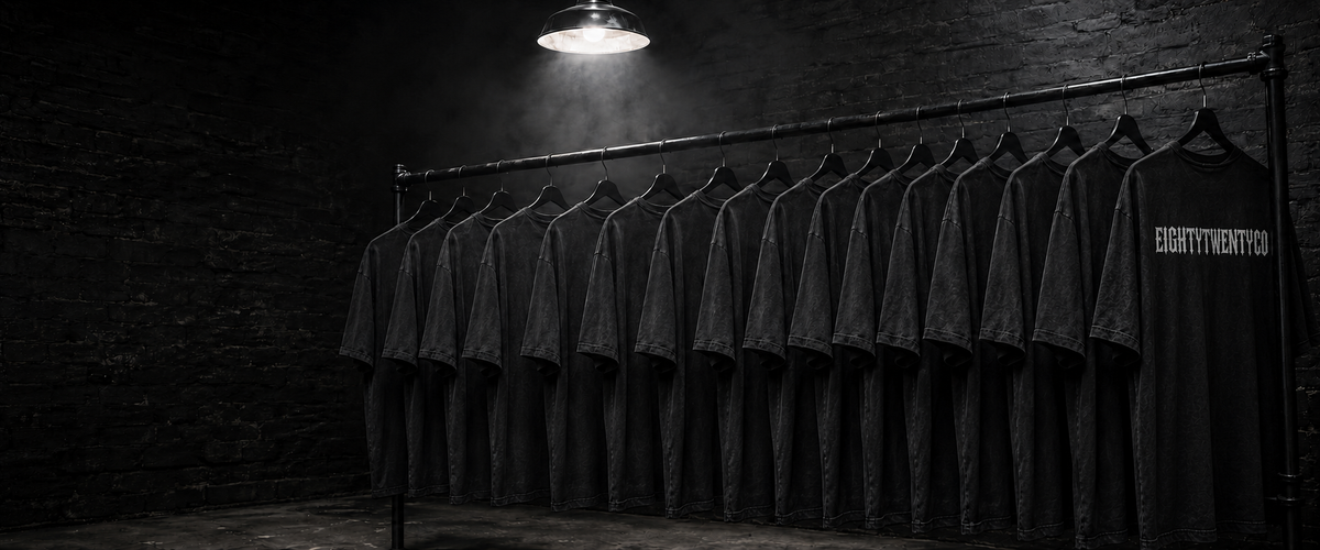 T-Shirts & Tops — EightyTwentyCo washed black tees on a rail
