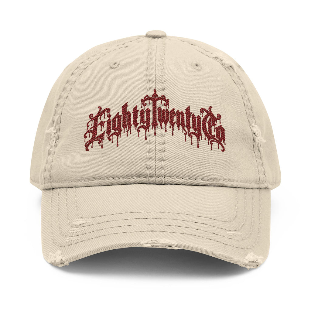 Gothic Drip Distressed Hat – Burgundy Embroidery