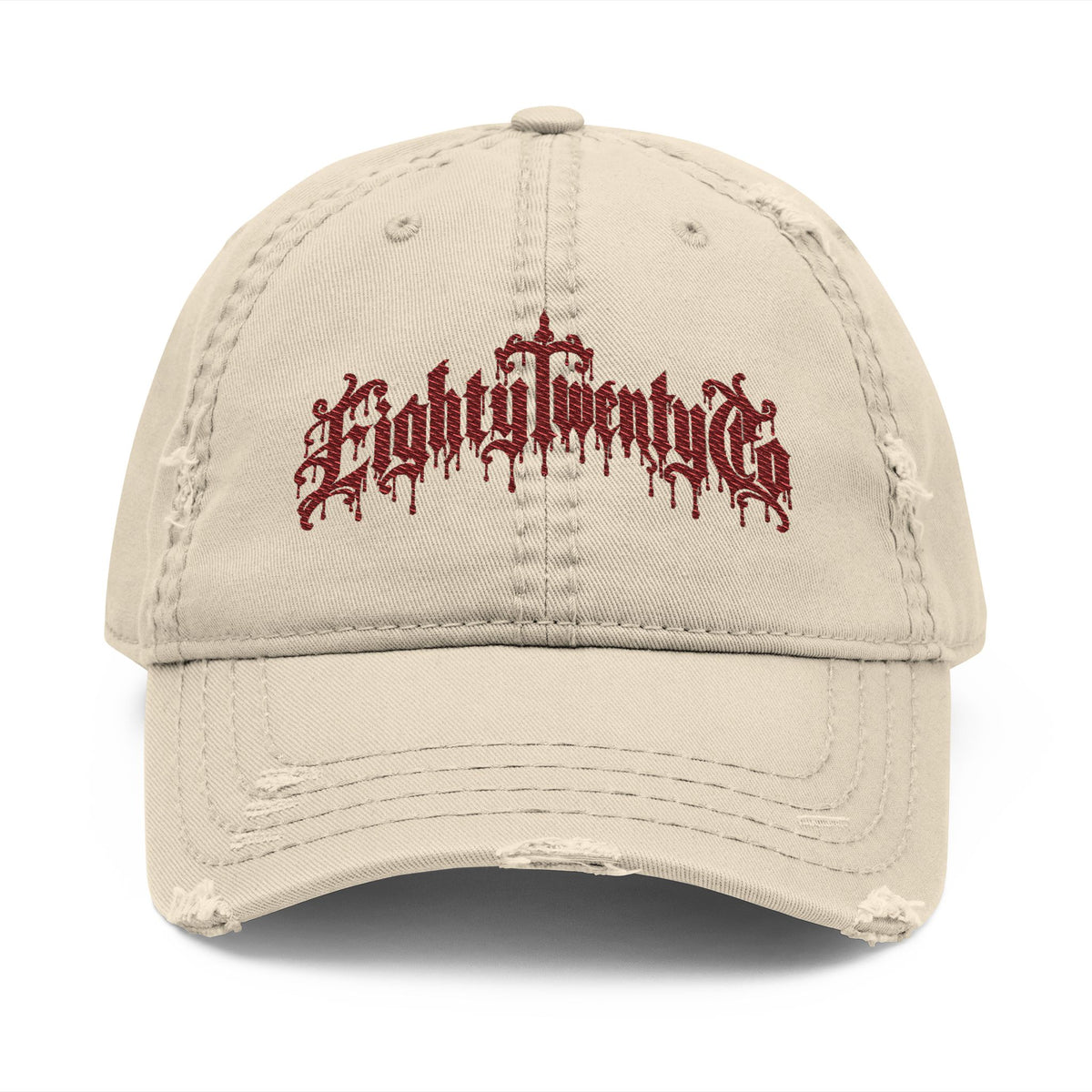 Gothic Drip Distressed Hat – Burgundy Embroidery