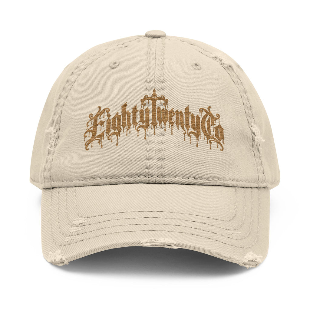 Gothic Drip Distressed Hat – Brown Embroidery