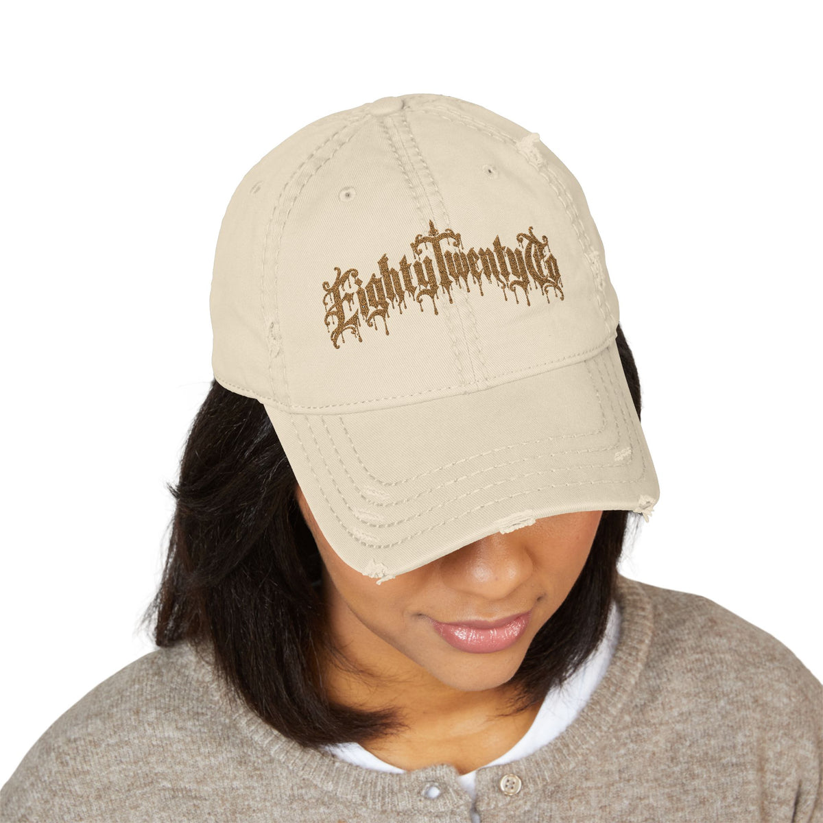 Gothic Drip Distressed Hat – Brown Embroidery