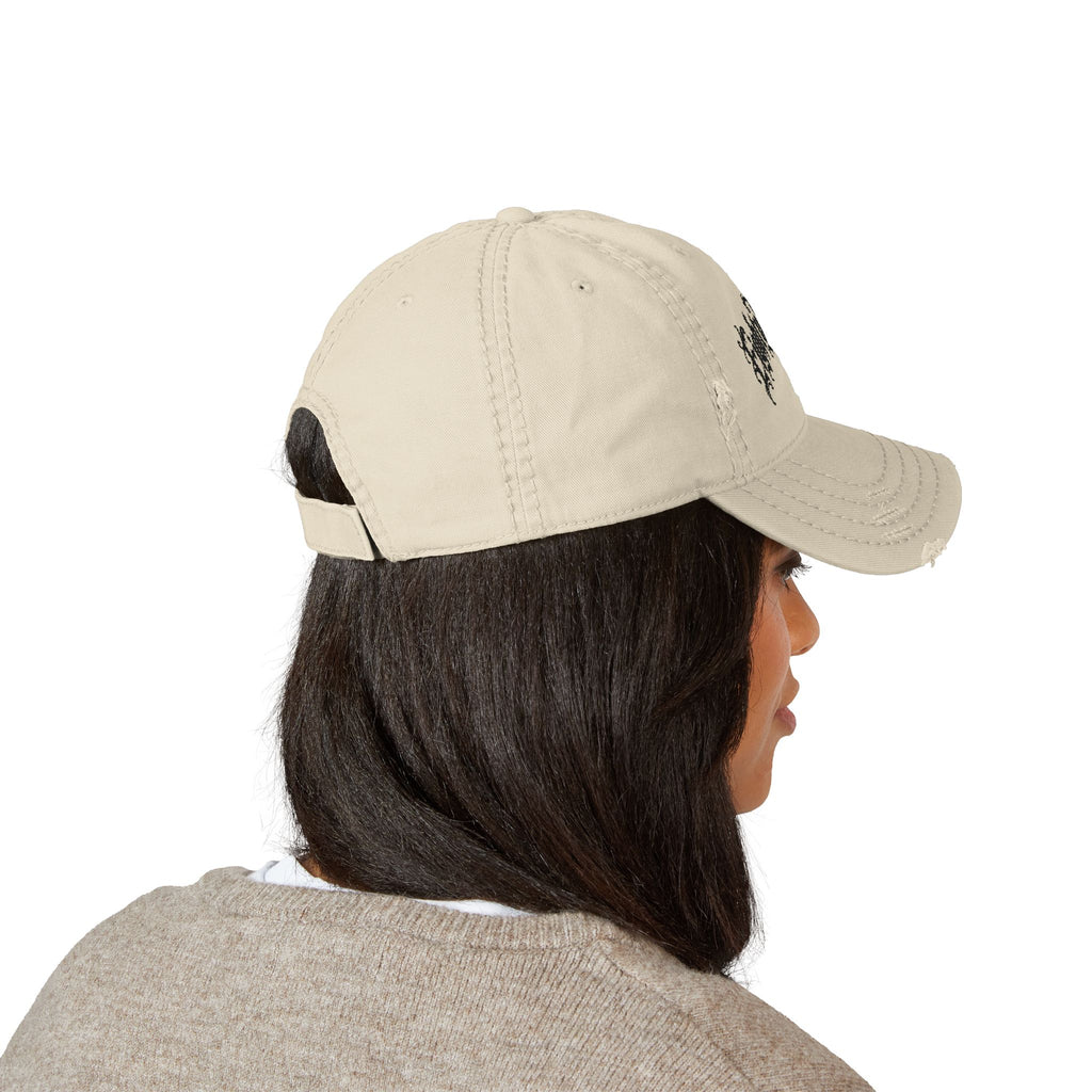 Gothic Script Distressed Hat – Black Embroidery