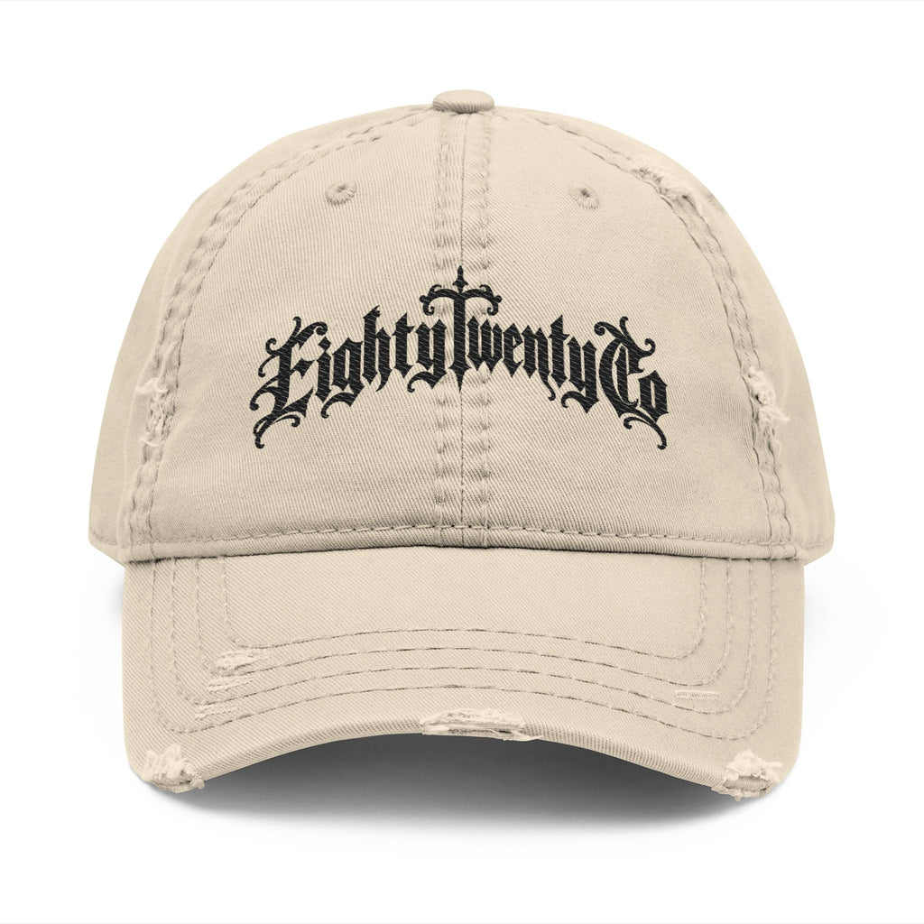 Gothic Script Distressed Hat – Black Embroidery