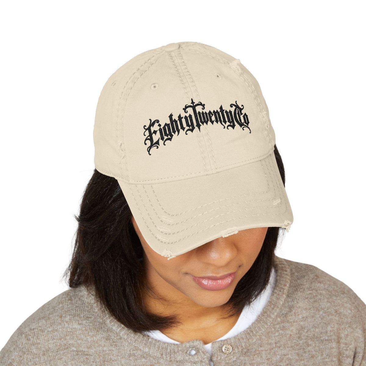 Gothic Script Distressed Hat – Black Embroidery