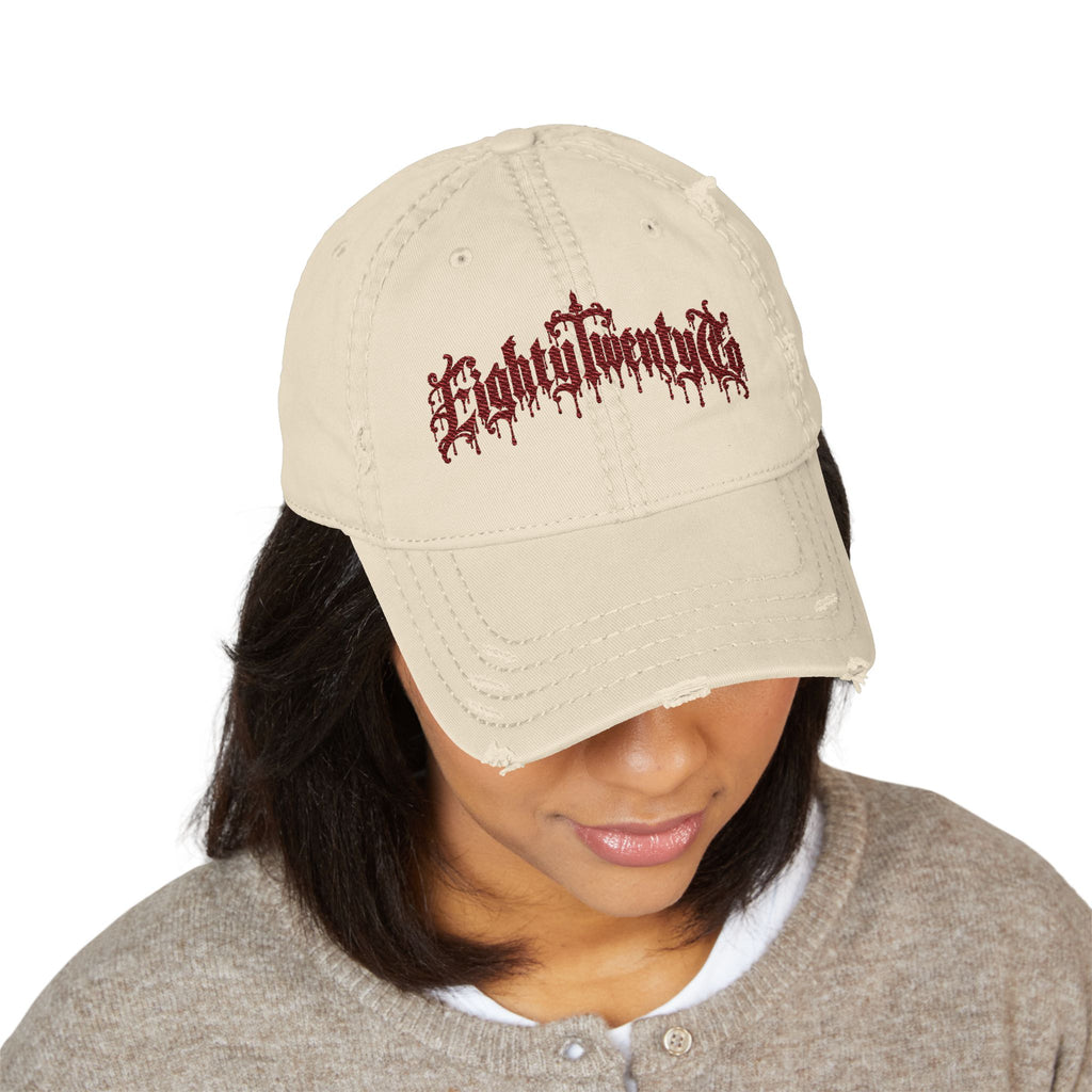 Gothic Drip Distressed Hat – Burgundy Embroidery