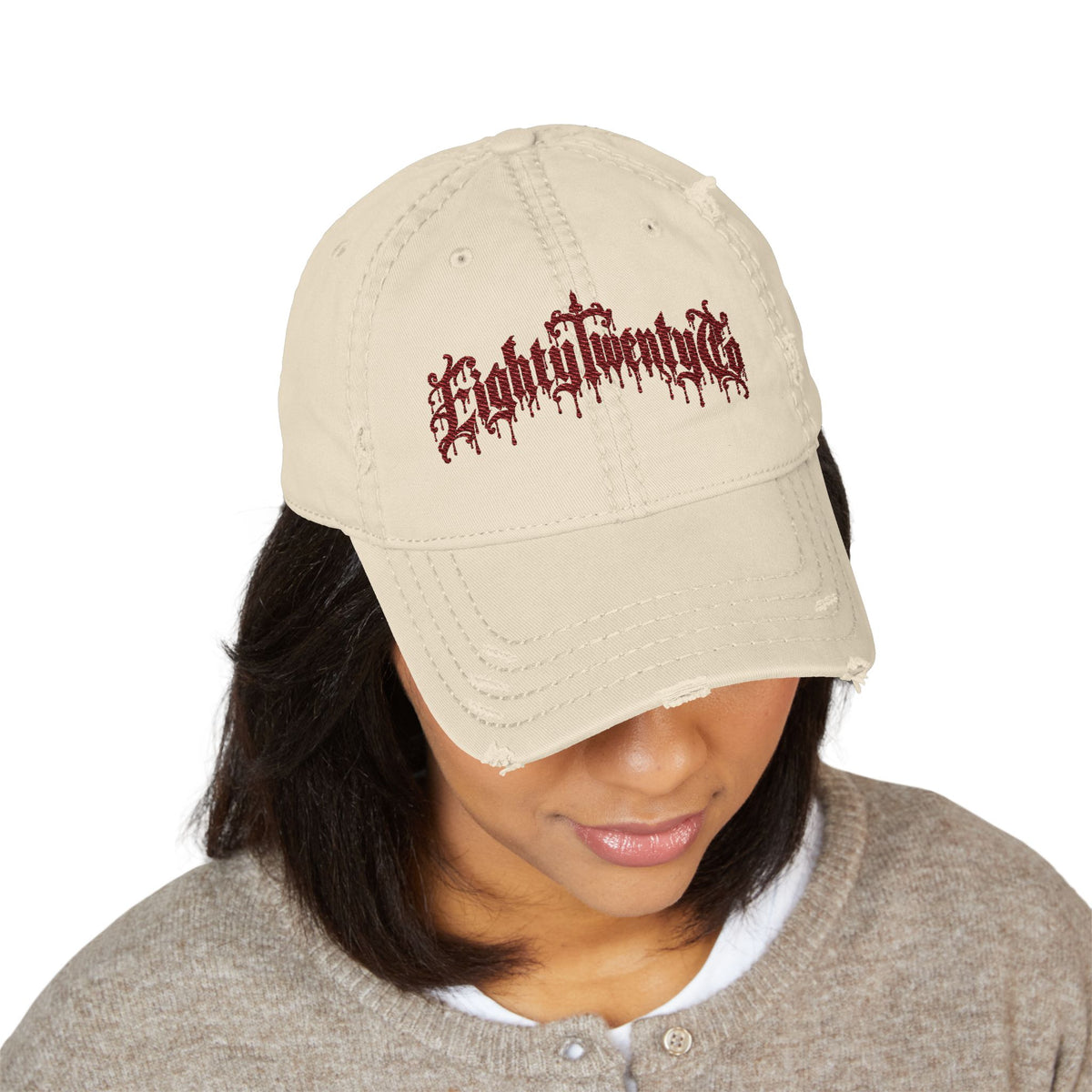 Gothic Drip Distressed Hat – Burgundy Embroidery